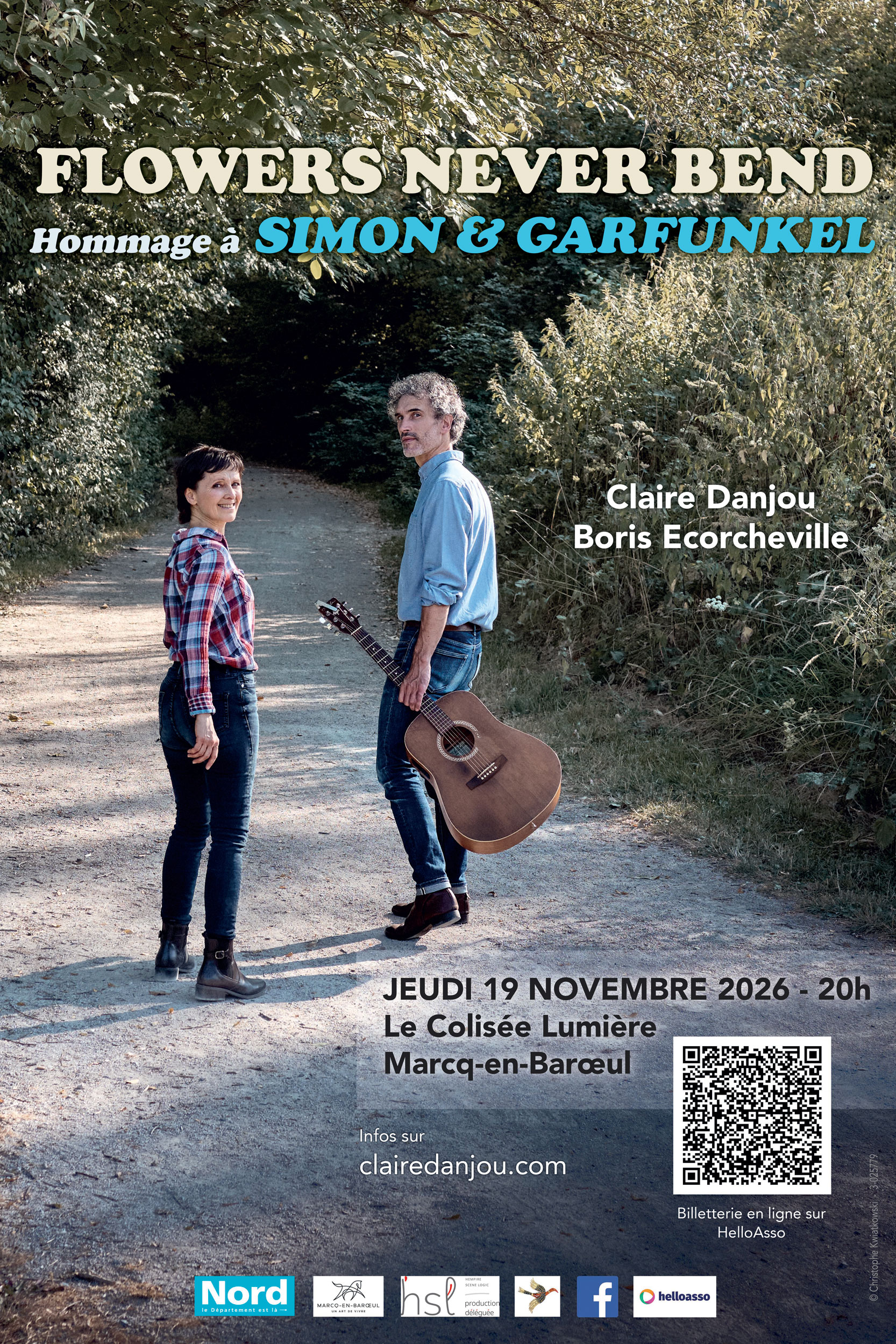 Affiche du spectacle Flowers Never Bend, hommage à Simon et Garfunkel